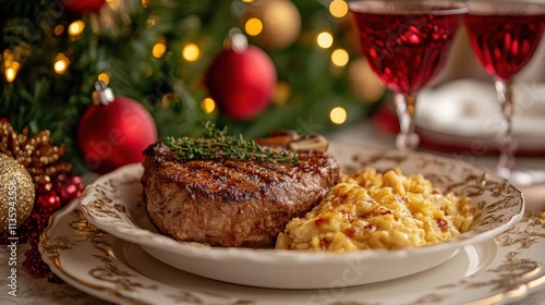 Christmas feast ranch steak with egg foo young in festive setting cozy dining experience holiday spirit photo