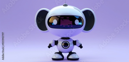 An adorable 3D robot with round ears and a digital screen face, displaying a happy expression, set against a purple background.