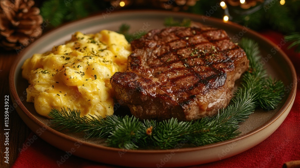 Denver steak with eggs florentine on red nordic tablecloth cozy dining scene culinary delight rustic ambiance close-up perspective Denver steak with eggs florentine on red nordic tablecloth cozy dining scene culinary delight rustic ambiance close-up perspective