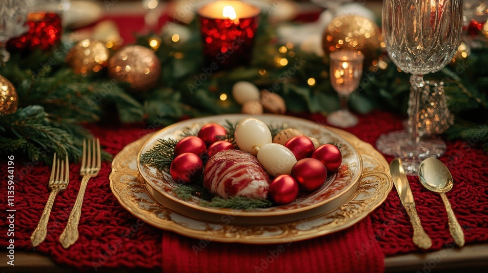 Festive ribeye cap with onion eggs on red knit table runner elegant dining setting holiday feast cozy ambiance Festive ribeye cap with onion eggs on red knit table runner elegant dining setting holiday feast cozy ambiance