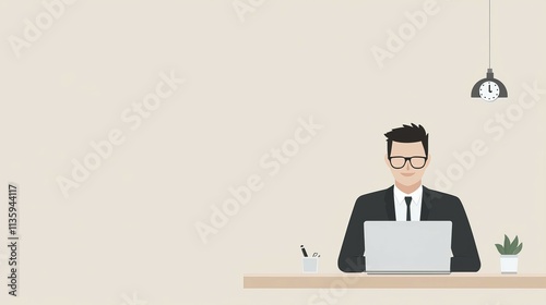 A professional man working on a laptop at a modern desk with minimal decor.