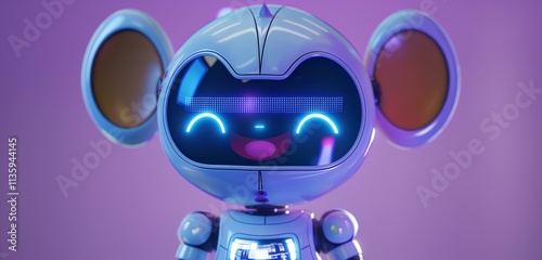 An adorable 3D robot with round ears and a digital screen face, displaying a happy expression, set against a purple background.
