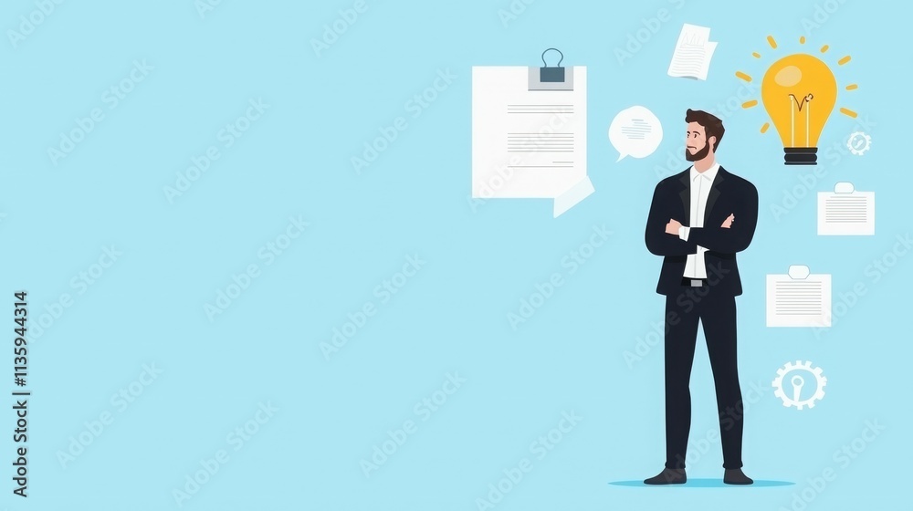 A businessman stands confidently with ideas and documents around him. A businessman stands confidently with ideas and documents around him.