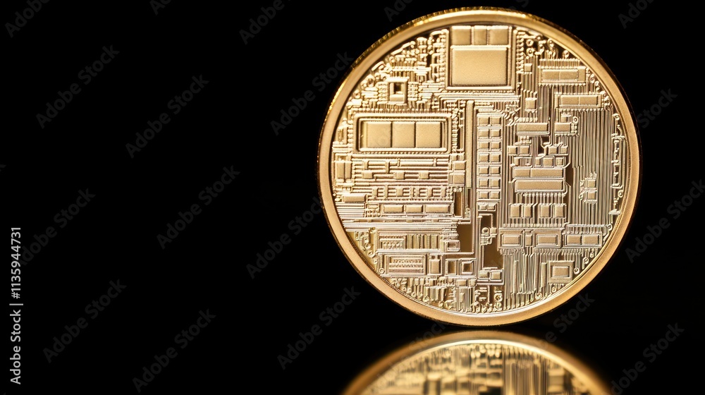 Gold coin with circuit board design on black background. Gold coin with circuit board design on black background.