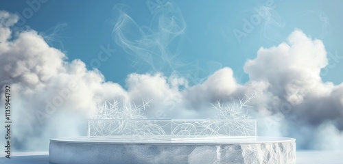 An elegant white stone podium with intricate glass accents, set on a blue background adorned with wispy white clouds, creating a serene and ethereal atmosphere.