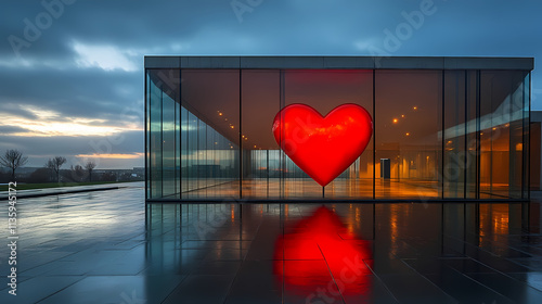 Giant love heart decor at a modern glass building during sunset, romantic atmosphere, sleek design