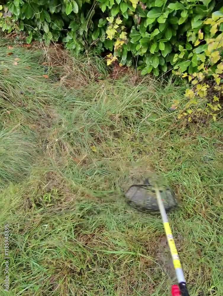point de vue d'une personne coupant l'herbe avec une débroussailleuse, entretien de la pelouse
