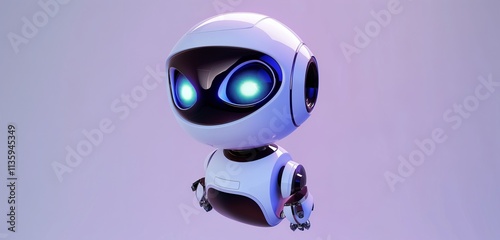 An endearing 3D robot with a sleek, futuristic design and bright blue eyes, floating slightly above a purple background.