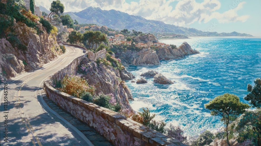 Obraz premium Coastal Road Winding Through Mediterranean Village