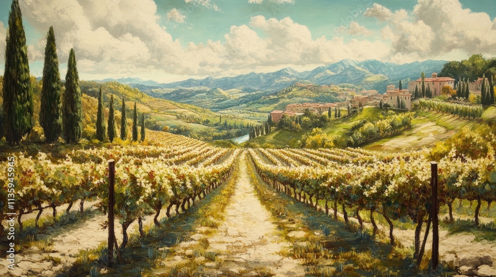 Fototapeta premium Tuscan Vineyard Landscape With Rolling Hills And Cypress Trees