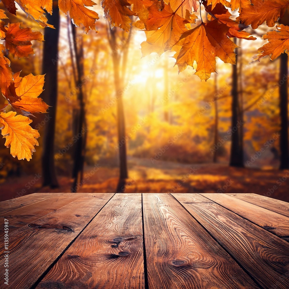 Wooden plank table surrounded by orange autumn leaves, glowing sunset, and a serene forest setting. Wooden plank table surrounded by orange autumn leaves, glowing sunset, and a serene forest setting.