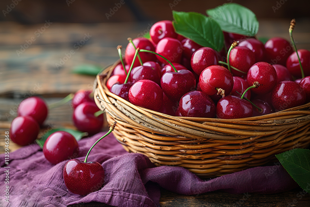 A basket full of red cherries on a purple cloth A basket full of red cherries on a purple cloth