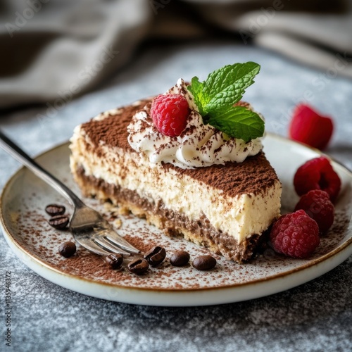 A decadent slice of tiramisu cheesecake topped with cocoa powder and chocolate curls, Tiramisu cheesecake plated elegantly with a dollop of whipped cream, Fresh raspberries for garnish photo