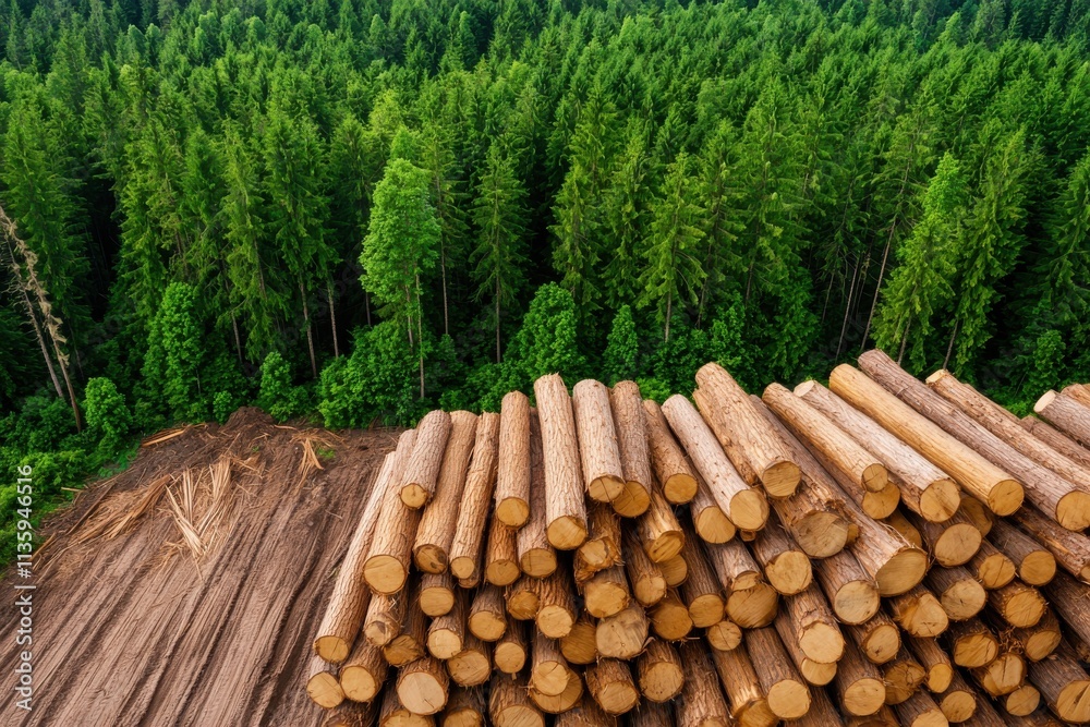 Aerial view of stacked timber logs beside a lush green forest, highlighting the contrast between logging and nature. Aerial view of stacked timber logs beside a lush green forest, highlighting the contrast between logging and nature.