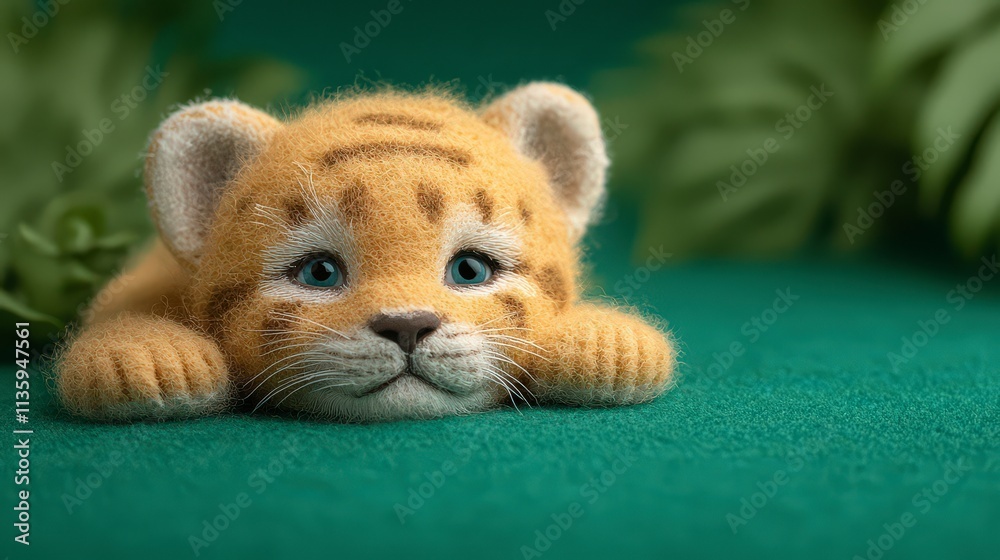 Fototapeta premium Adorable Baby Tiger Cub Felted Animal Green Background Wildlife Photography