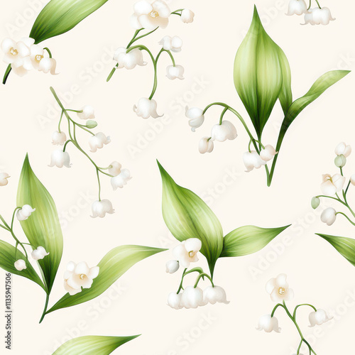 Beautiful seamless pattern featuring delicate white lilies of valley and lush green leaves, perfect for floral designs and nature inspired decor photo