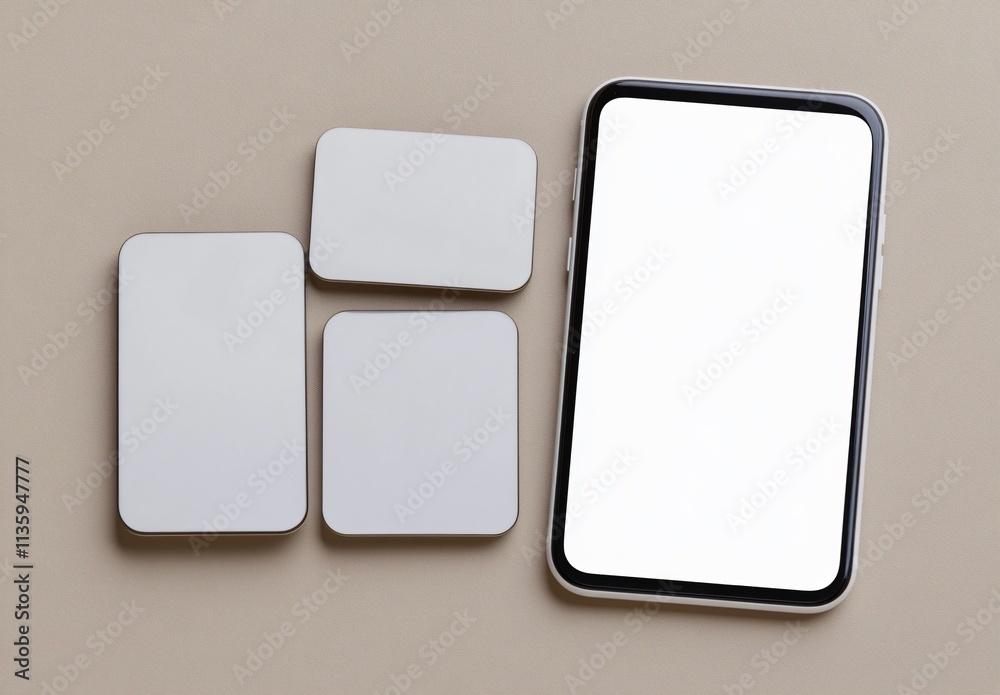 Modern Smartphone Mockup with Blank Cards Beige Background Modern Smartphone Mockup with Blank Cards Beige Background
