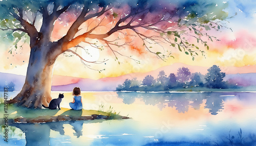 Little girl and a cat sitting by the lake in the evening, generative AI.
