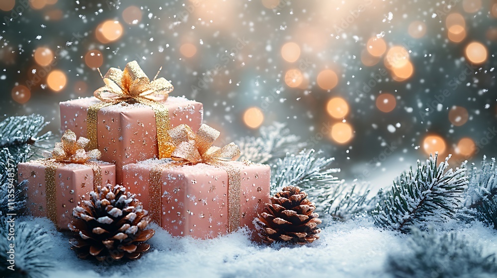 Sketch of winter christmas nature gold silver pink presents beside snow branches pinecones Sketch of winter christmas nature gold silver pink presents beside snow branches pinecones
