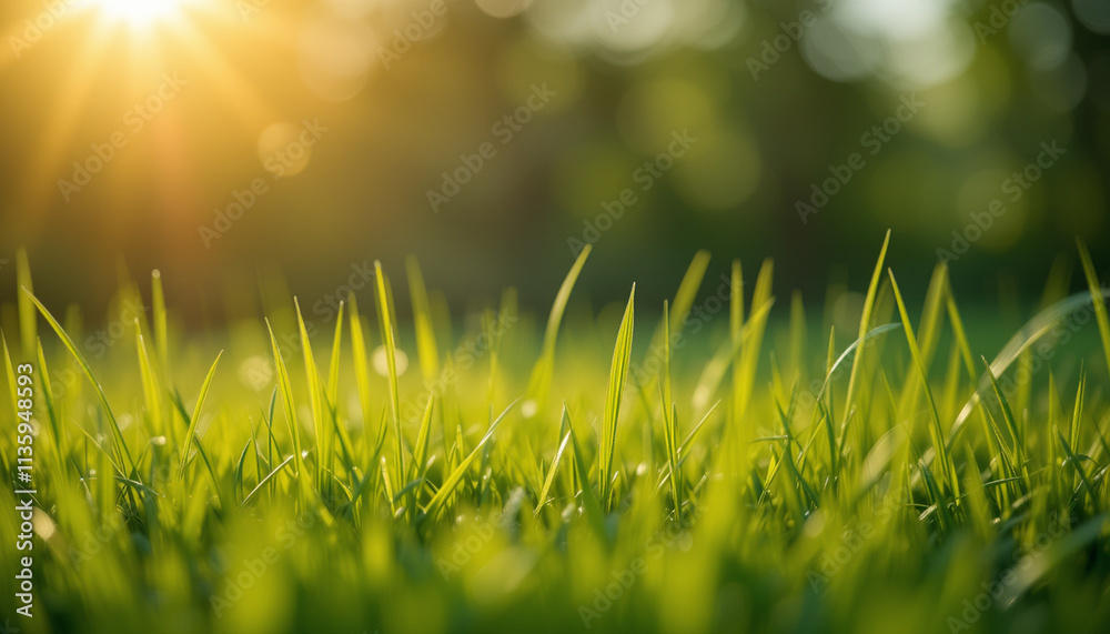 Green grass nature field closeup backlit by golden sunlight with sun rays Green grass nature field closeup backlit by golden sunlight with sun rays