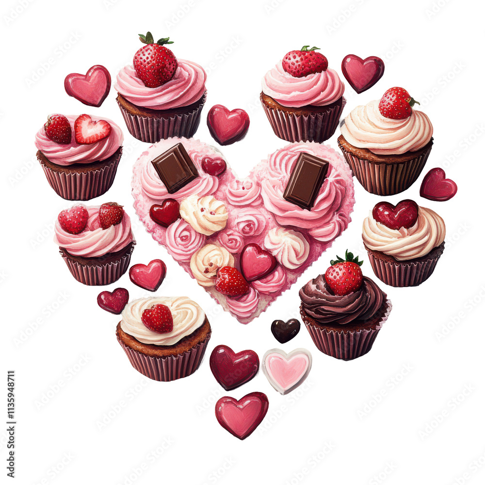 Valentine's Day concept for cupcakes with heart shape elements illustration on transparent background, 3d rendering Valentine's Day concept for cupcakes with heart shape elements illustration on transparent background, 3d rendering