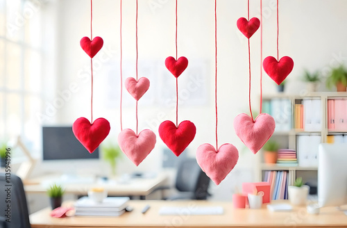 A playful arrangement of plush hearts hanging in a bright office space, suitable for festive promotional materials or creative Valentine's Day themes. Selective focus photo