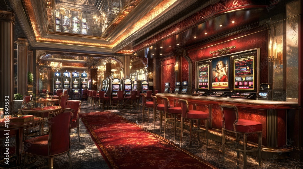 Elegant Casino Interior With Slot Machines And Red Accents Elegant Casino Interior With Slot Machines And Red Accents