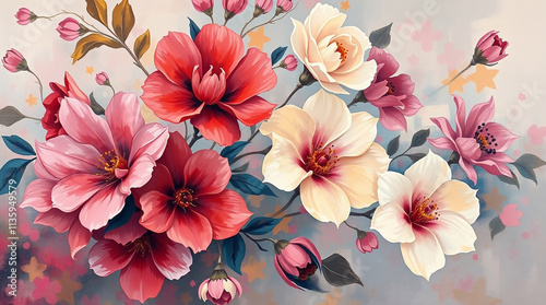 A bold acrylic painting depicting an elegant floral background with a soft dreamy atmosphere vibrant colors textured brushstrokes and hazy soft light.jpg