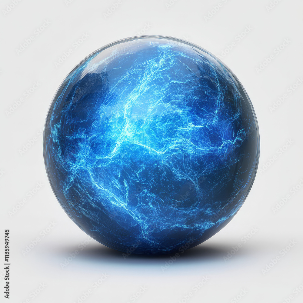 glowing, electric blue energy sphere with lightning-like patterns inside. The orb appears futuristic, surrounded by a smooth, reflective surface on a clean white background glowing, electric blue energy sphere with lightning-like patterns inside. The orb appears futuristic, surrounded by a smooth, reflective surface on a clean white background