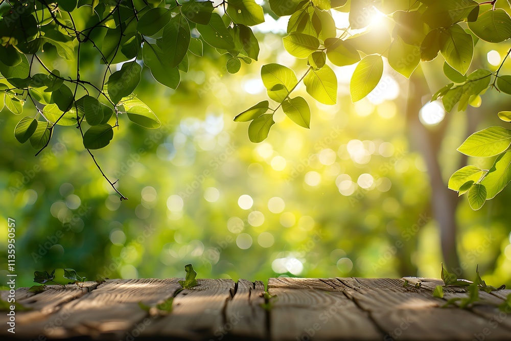 Obraz premium Wooden floor with green leaves and sunlight in garden