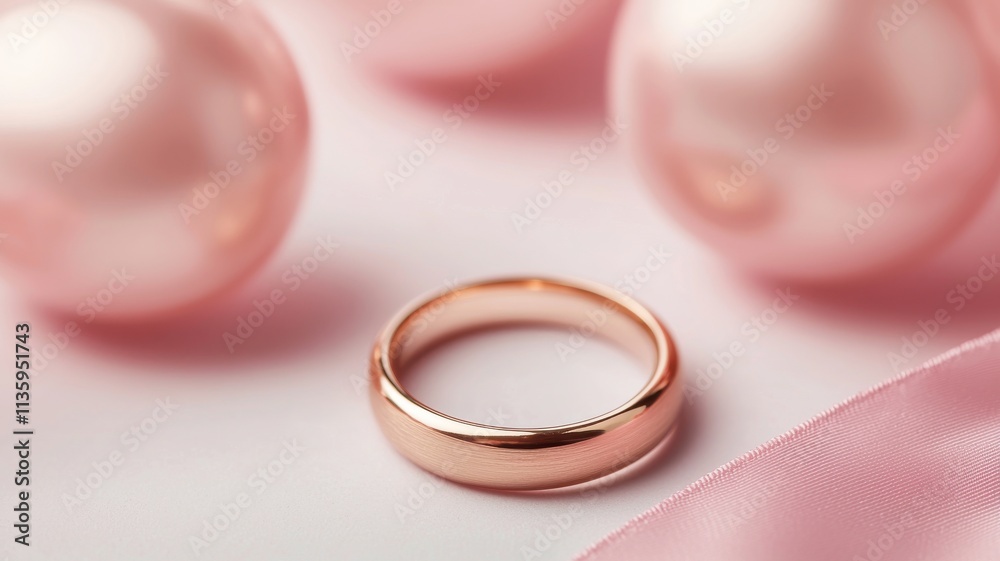 A delicate rose gold ring sits elegantly among soft pink pearls, creating a romantic and luxurious aesthetic. A delicate rose gold ring sits elegantly among soft pink pearls, creating a romantic and luxurious aesthetic.