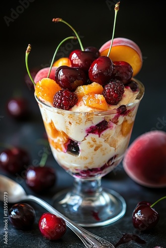 Wallpaper Mural A delicious fruit parfait topped with cherries and peaches in a glass dish. Torontodigital.ca
