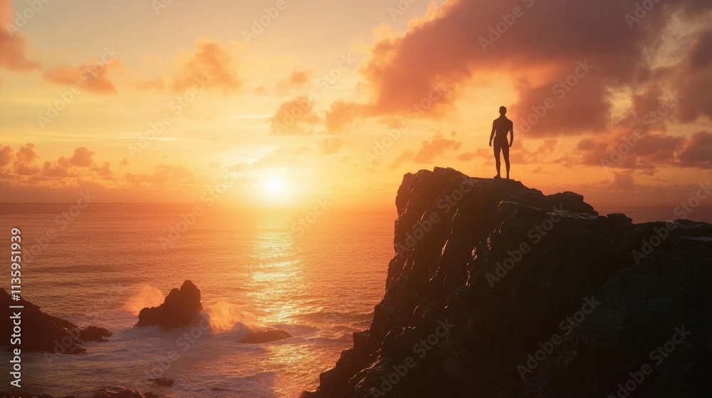 A lone figure standing on a cliff at sunset, gazing at the ocean waves and beautiful colors in the sky. A lone figure standing on a cliff at sunset, gazing at the ocean waves and beautiful colors in the sky.