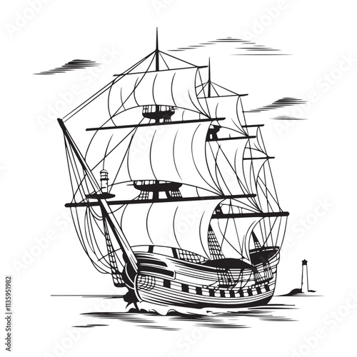 Ancient Sailboat silhouette vector illustration