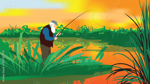 Old man Fishing on a lake, beautiful landscape, leisure time vector illustration.