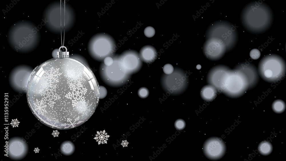 Christmas ball snow globe snowflakes in night dark bokeh light abstract background Christmas ball snow globe snowflakes in night dark bokeh light abstract background