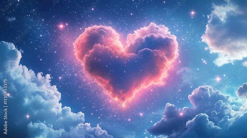 A heart-shaped cloud in the sky, surrounded by stars and glowing pink clouds. The background is blue with white fluffy clouds. - A heart-shaped cloud in the sky, surrounded by stars and glowing pink clouds. The background is blue with white fluffy clouds. -