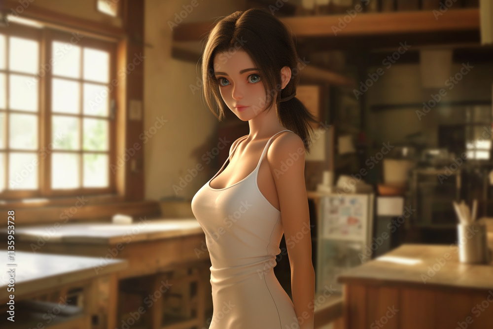 Anime character in cozy kitchen with soft natural lighting Anime character in cozy kitchen with soft natural lighting