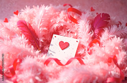 A heart-shaped card nestled within soft pink feathers and ribbon, a stunning setup for romantic branding, gift packaging, or heartfelt moments. Selective focus