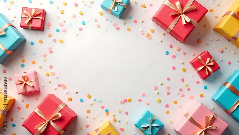 Colorful gift boxes with confetti and a flat lay design make for an ideal party background with creative ideas._00001_ Colorful gift boxes with confetti and a flat lay design make for an ideal party background with creative ideas._00001_