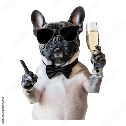 French bulldog wearing sunglasses and bow tie holding champagne with transparent background PNG