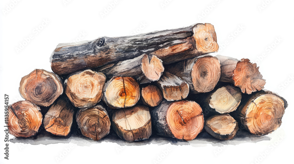 Rustic firewood pile in watercolor with natural textures