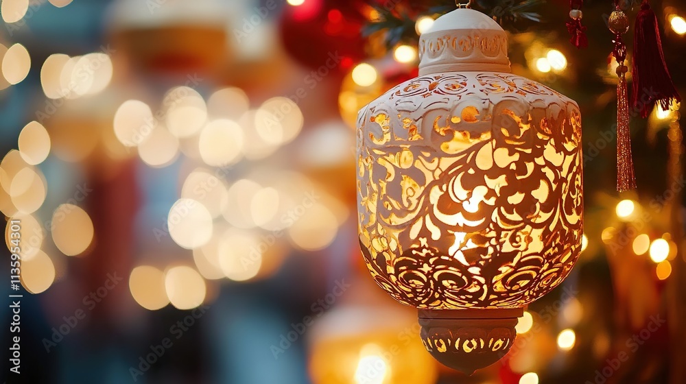 Close-up of an intricately carved lantern, glowing softly with warm light against the blurry background of festive decorations. Close-up of an intricately carved lantern, glowing softly with warm light against the blurry background of festive decorations.