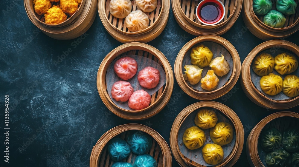 Colorful Steamed Dumplings In Bamboo Steamers Colorful Steamed Dumplings In Bamboo Steamers