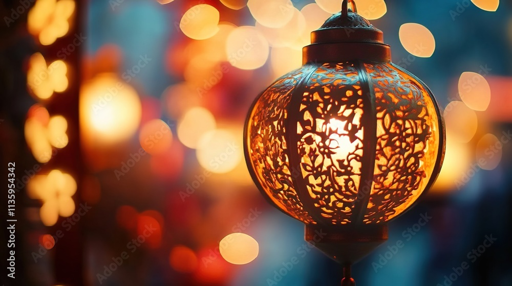 Close-up of an intricately carved lantern, glowing softly with warm light against the blurry background of festive decorations. Close-up of an intricately carved lantern, glowing softly with warm light against the blurry background of festive decorations.