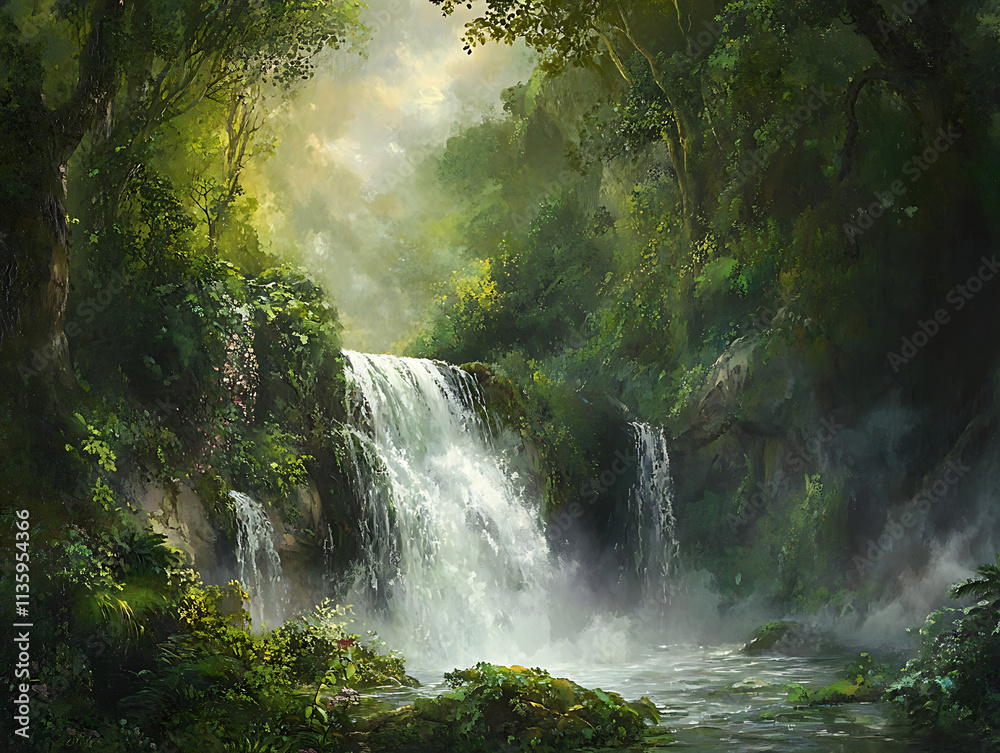 A delicate waterfall hidden within a dense rainforest, the vibrant green surroundings contrasting with the white flow of water, offering a sense of discovery A delicate waterfall hidden within a dense rainforest, the vibrant green surroundings contrasting with the white flow of water, offering a sense of discovery