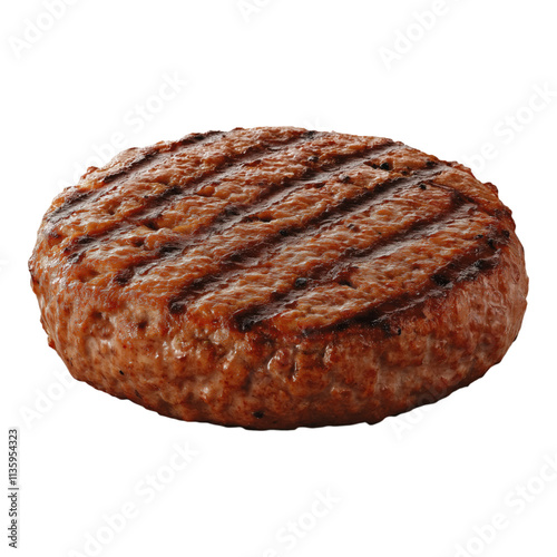 Grilled smoky angus beef burger patty isolated with grill marks on transparent background in PNG format
