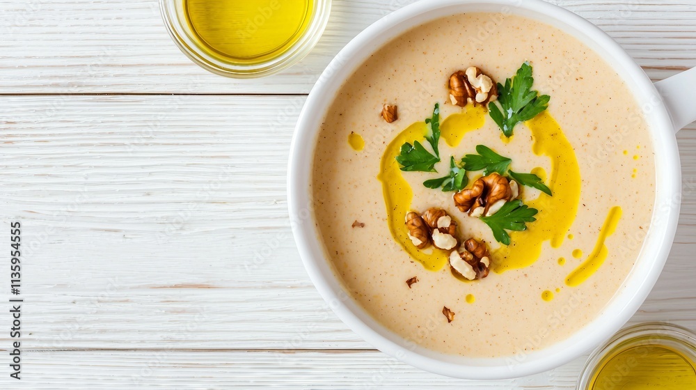 Creamy Soup with Nuts and Herbs in White Bowl on Wooden Table Creamy Soup with Nuts and Herbs in White Bowl on Wooden Table