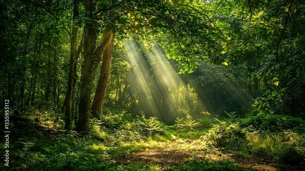 Fototapeta premium A dense forest with sunlight streaming through the trees, creating a magical and awe-inspiring natural wonder.