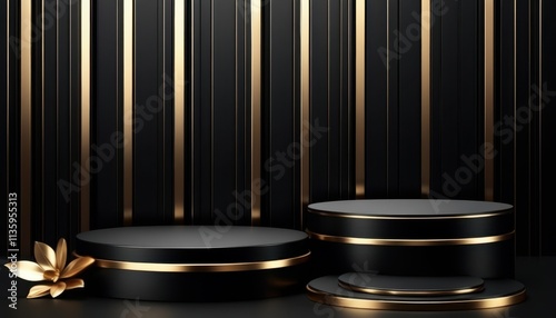 Elegant black and gold podiums on a dark background with gold accents, suitable for luxury product displays and presentations.
